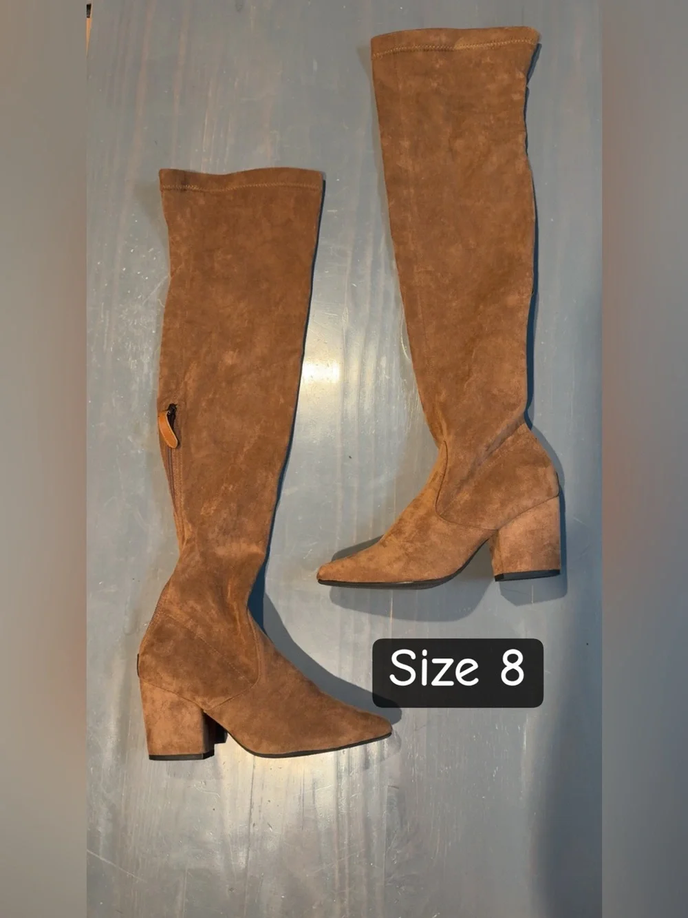 Brown Suede Over-the-Knee Block Heel Boots - Size 8